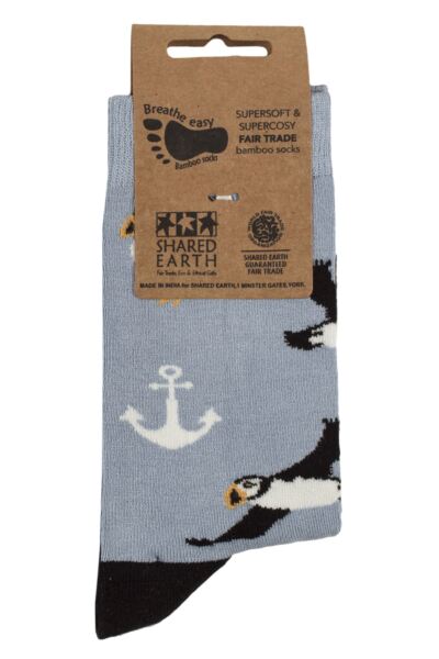 Mens and Women's 1 Pair Shared Earth Fair Trade Puffins Bamboo Socks