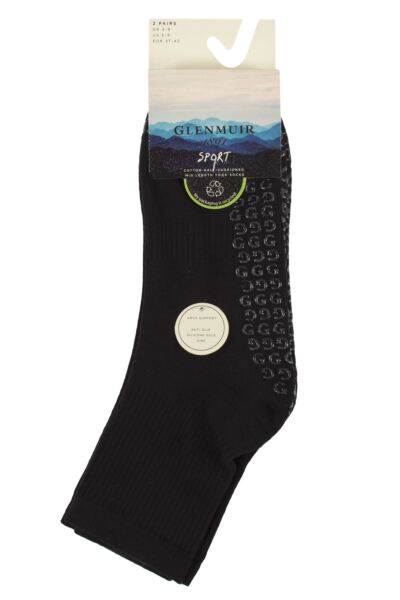 Women's 2 Pair Glenmuir Sport Cotton Half Cushioned Mid Length Yoga Socks with Grips