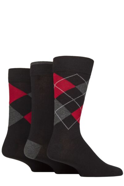 Mens 3 Pair Glenmuir New Waverley Cotton Argyle Patterned and Plain Socks