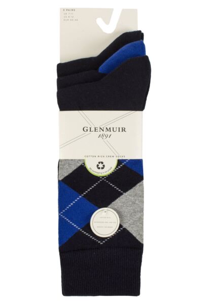 Mens 3 Pair Glenmuir New Waverley Cotton Argyle Patterned and Plain Socks