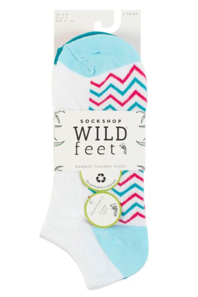 Women's 3 Pair Wildfeet Plain, Patterned and Contrast Heel Bamboo Trainer Socks