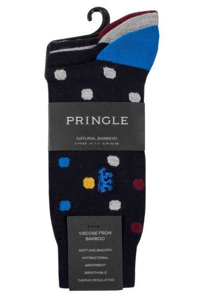 Mens 3 Pair Pringle Black Label Bamboo Patterned, Argyle and Striped Socks