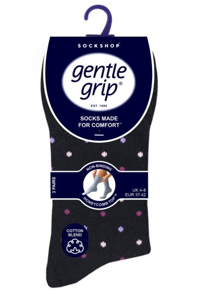 Women's 3 Pair Gentle Grip Cotton Patterned and Striped Socks