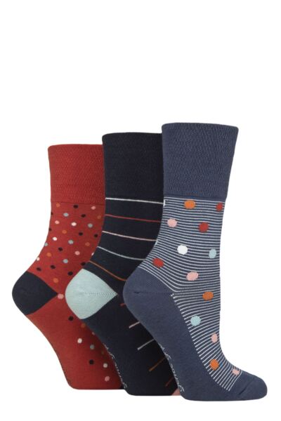 Women's 3 Pair Gentle Grip Cotton Patterned and Striped Socks