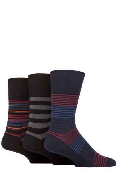 Mens 3 Pair Gentle Grip Cotton Argyle Patterned and Striped Socks