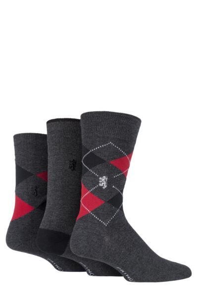 Mens 3 Pair Pringle Black Label Bamboo Patterned, Argyle and Striped Socks