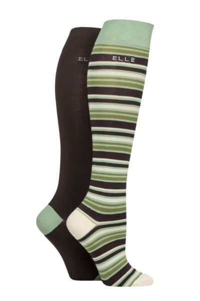 2 Pair Bamboo Striped and Plain Knee High Socks Women's - Elle