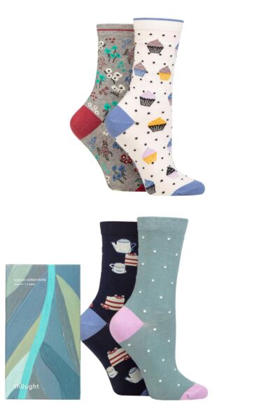 Women's 4 Pair Thought Fiona Organic Cotton Afternoon Tea Gift Boxed Socks