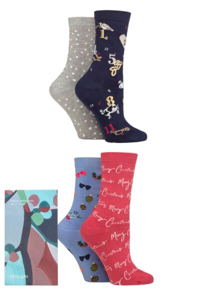 Women's 4 Pair Thought Carole Christmas Organic Cotton Gift Boxed Socks