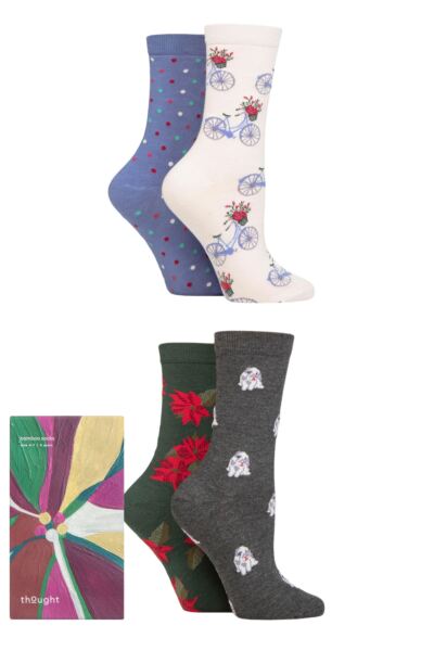 Women's 4 Pair Thought Poinsettia Christmas Bike Bamboo Gift Boxed Socks