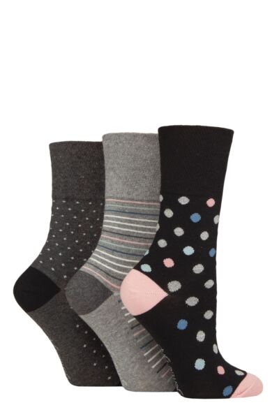 Women's 3 Pair Gentle Grip Cotton Patterned and Striped Socks